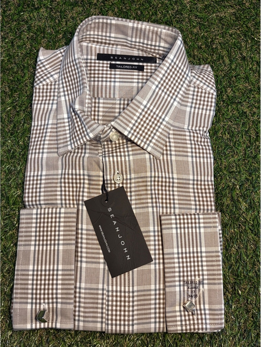 Sean John Men's Tailored Fit Dress Shirt 17 34/35 Brown Plae